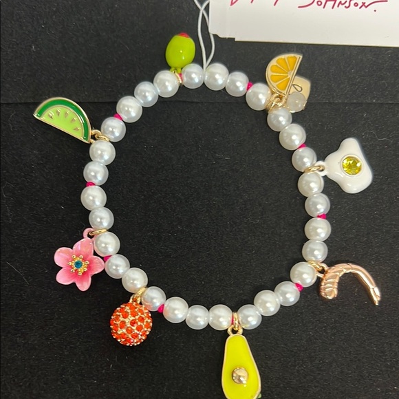 Betsey Johnson | White Pearl Necklace & Bracelet w/Charms 🥑🍉🌸🍊🫒 - Picture 8 of 9